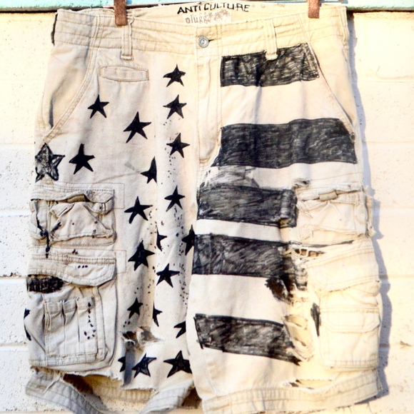 Anti Culture Other - American Flag Cargo Shorts 33 USA Distressed Stars